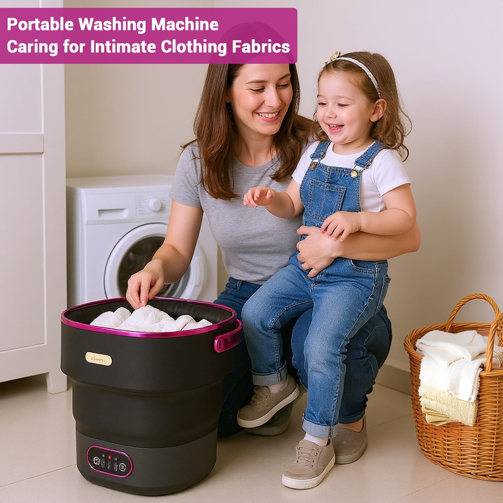Silenziosa e Compatta - Mini Lavatrice Pieghevole 13L con Centrifuga, 3 Modalità, Portatile per Campeggio, Viaggi, Baby e Intimo - Nero Viola EU Plug