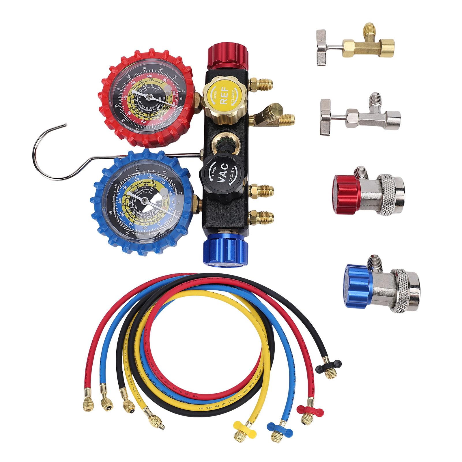 Keenso Juego de Manómetros de Colector de CA, Kit de Carga de Refrigerante de Aire Acondicionado Automotriz de Latón con Manguera de 4.92 Pies y Válvula de Seguridad, para