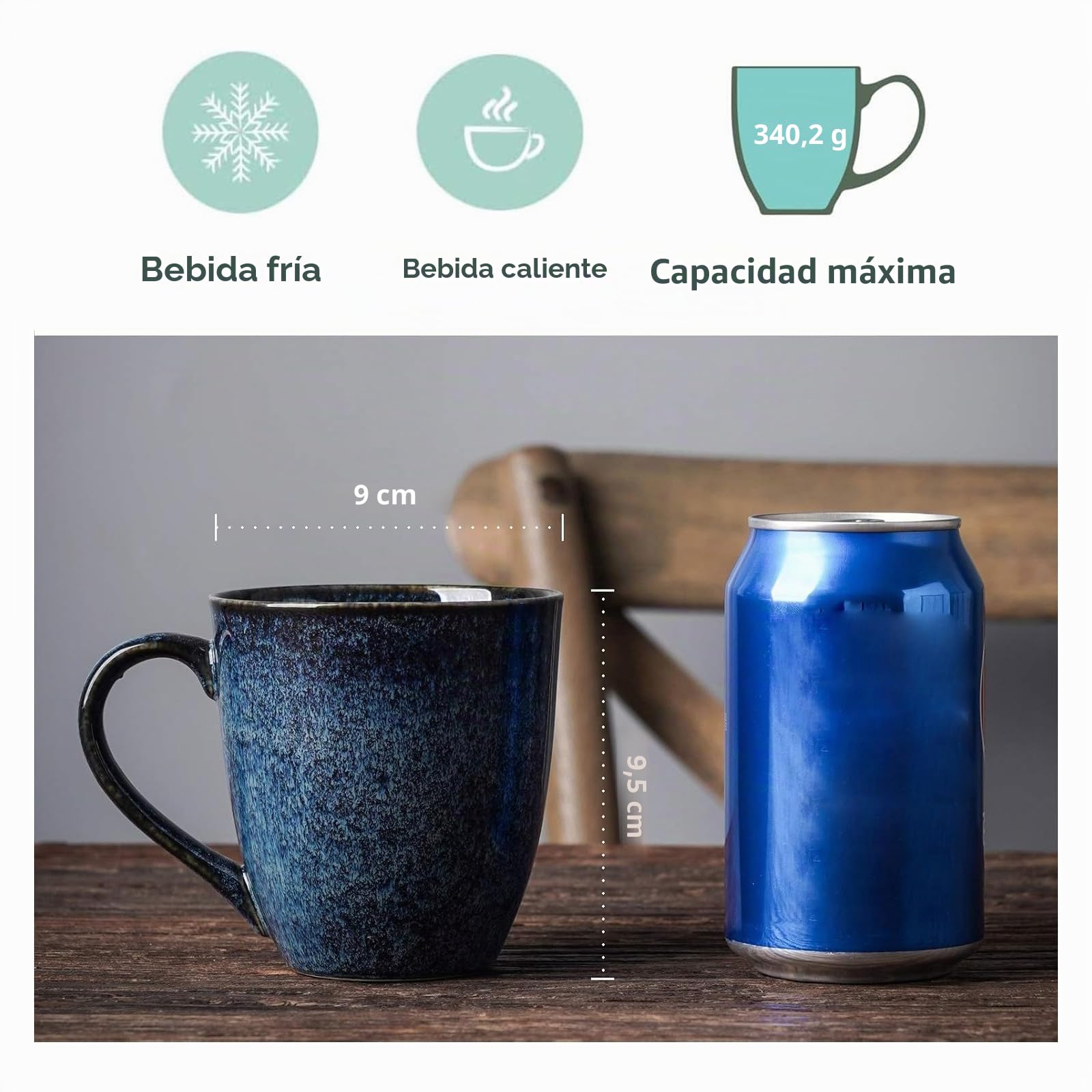 VICRAYS Juego de 6 tazas de café de cerámica, juego de 6 unidades, 350 ml, juego de taza de café, taza de café, taza de porcelana para bebidas calientes, té de café y cacao (azul)