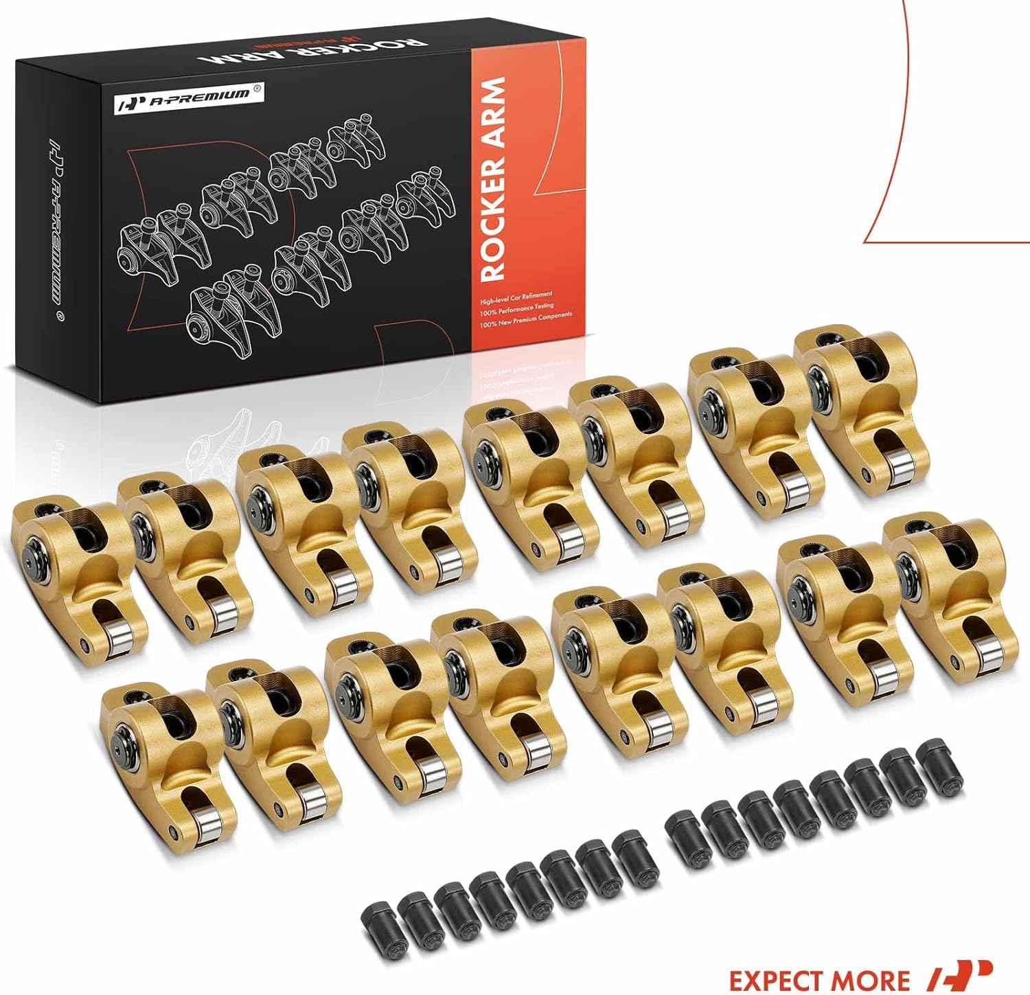 A-Premium 16Pcs Gold Aluminum Engine Roller Rocker Arms 1.6 Ratio Compatible with Small Block Chevy SBC 350, 7/16" Studs, with Needle Bearings