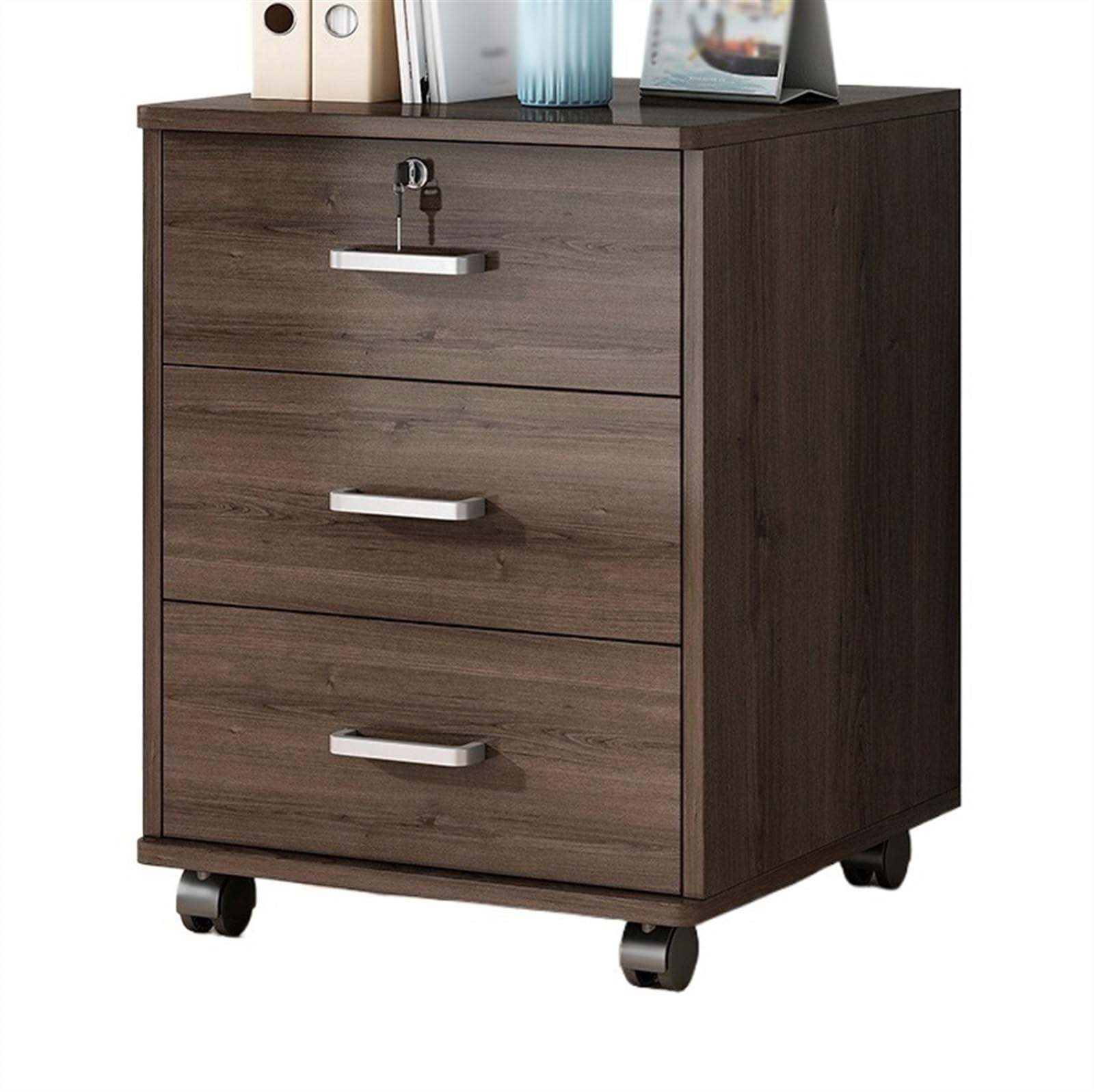 ASerZenith Solid Wood 3 Drawer Lockable Filing Cabinet With Wheels Office Storage Solution,Bruin-One Size