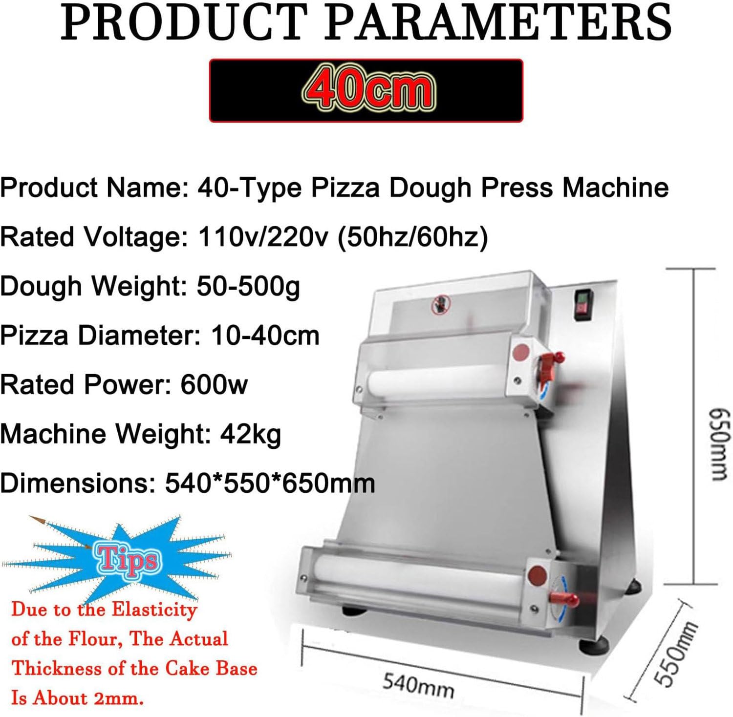 Sfogliatrice per Pasta Commerciale, Macchina elettrica per Pasta per Pizza da 30/40 cm, 600 W Automatica, per Pizza, Pane e Pasta, 40 cm