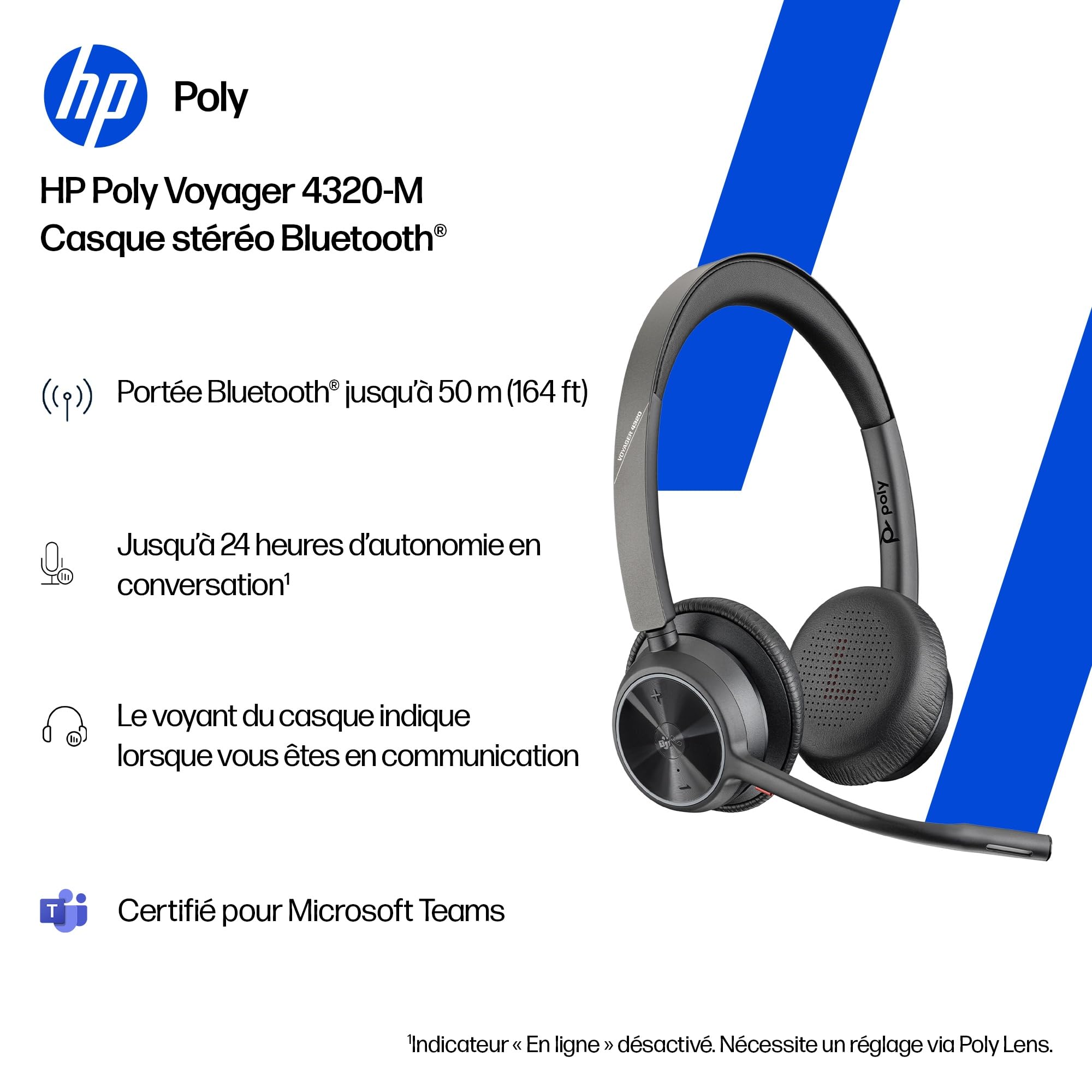Micro-casque sans fil Poly Voyager 4320 UC - Micro-casques binauraux avec perche microphone antibruit - Connexion à un PC/Mac/Téléphone portable via Bluetooth - Fonctionne avec Teams (certifié), Zoom