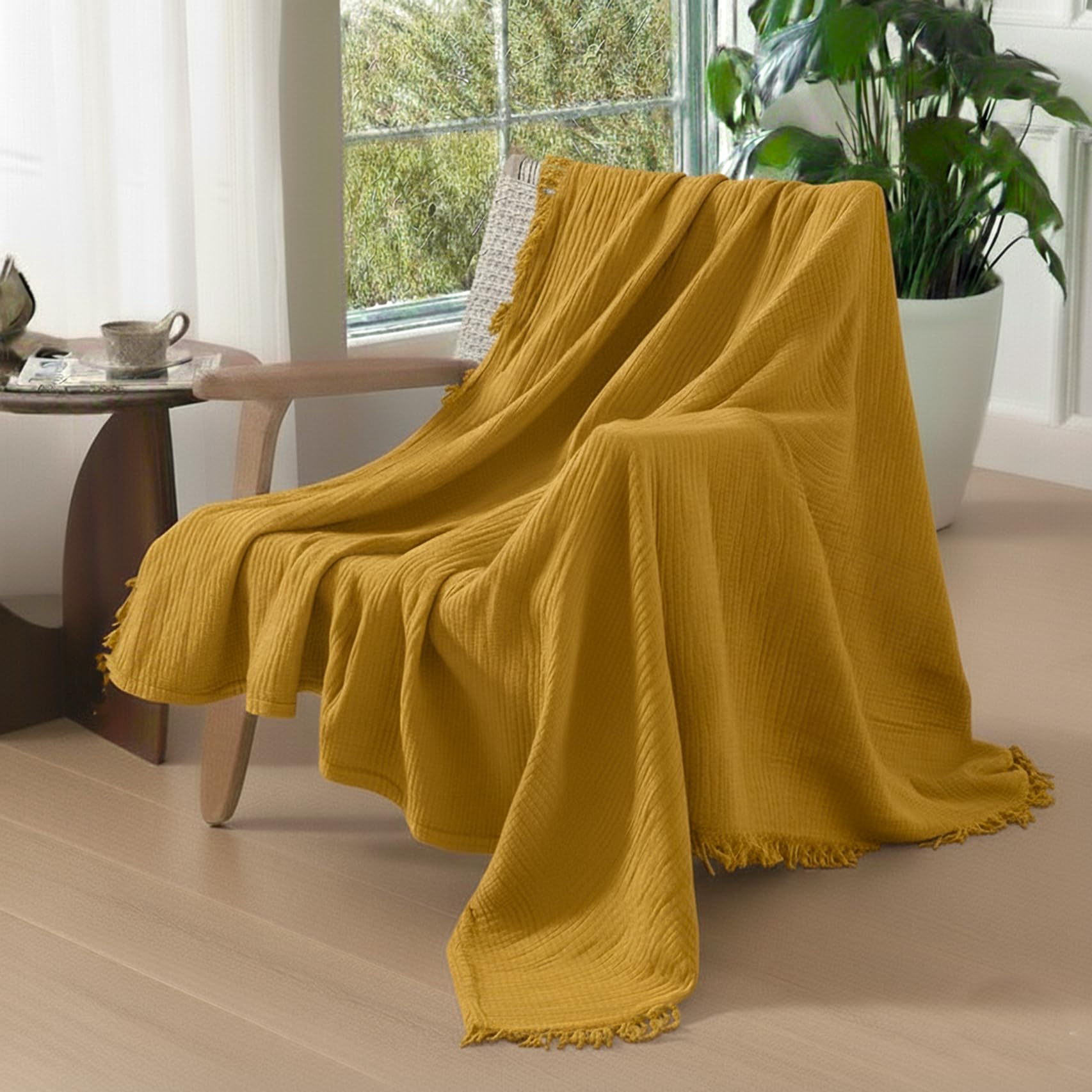 KyraHome Überwurfdecke aus 100% Bio-Musselin-Baumwolle, 139,7 x 152,4 cm, für Erwachsene, handgefärbt, atmungsaktiv, weich, leicht, Gaze, Überwurfdecke für Erwachsene, alle Jahreszeiten (senfgelb)