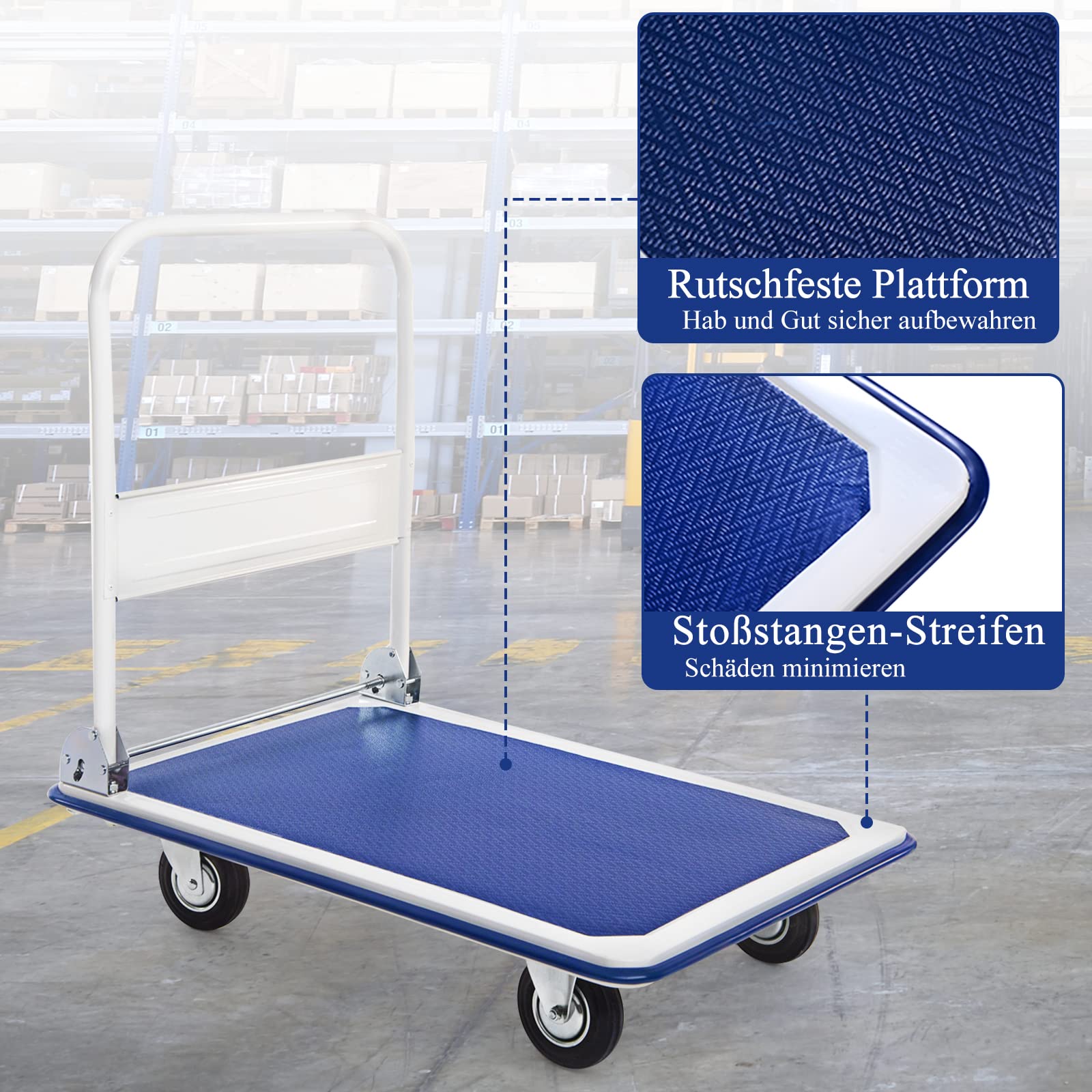 GYMAX Carretilla de Transporte Plegable con Capacidad de hasta 300 kg, 90 x 60 cm, con Revestimiento Antideslizante, Carretilla de Metal, Carro de Plataforma para Casa, Jardín y Supermercado