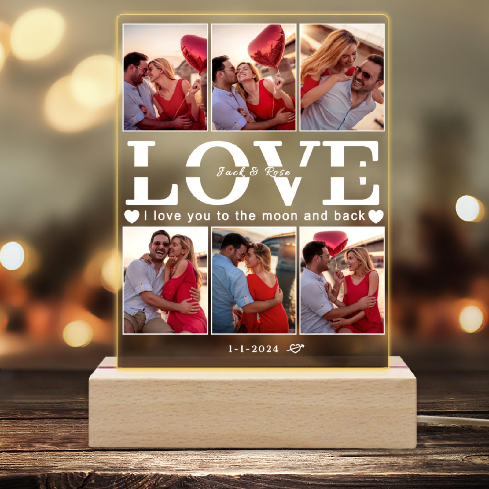 Custom Photo Frames Led Night Light with Acrylic Plaque, Personalized Light Up Picture Frame with Photo Collage Text Mothers Day Gifts Memorial Gifts For Him Her (6Photo)