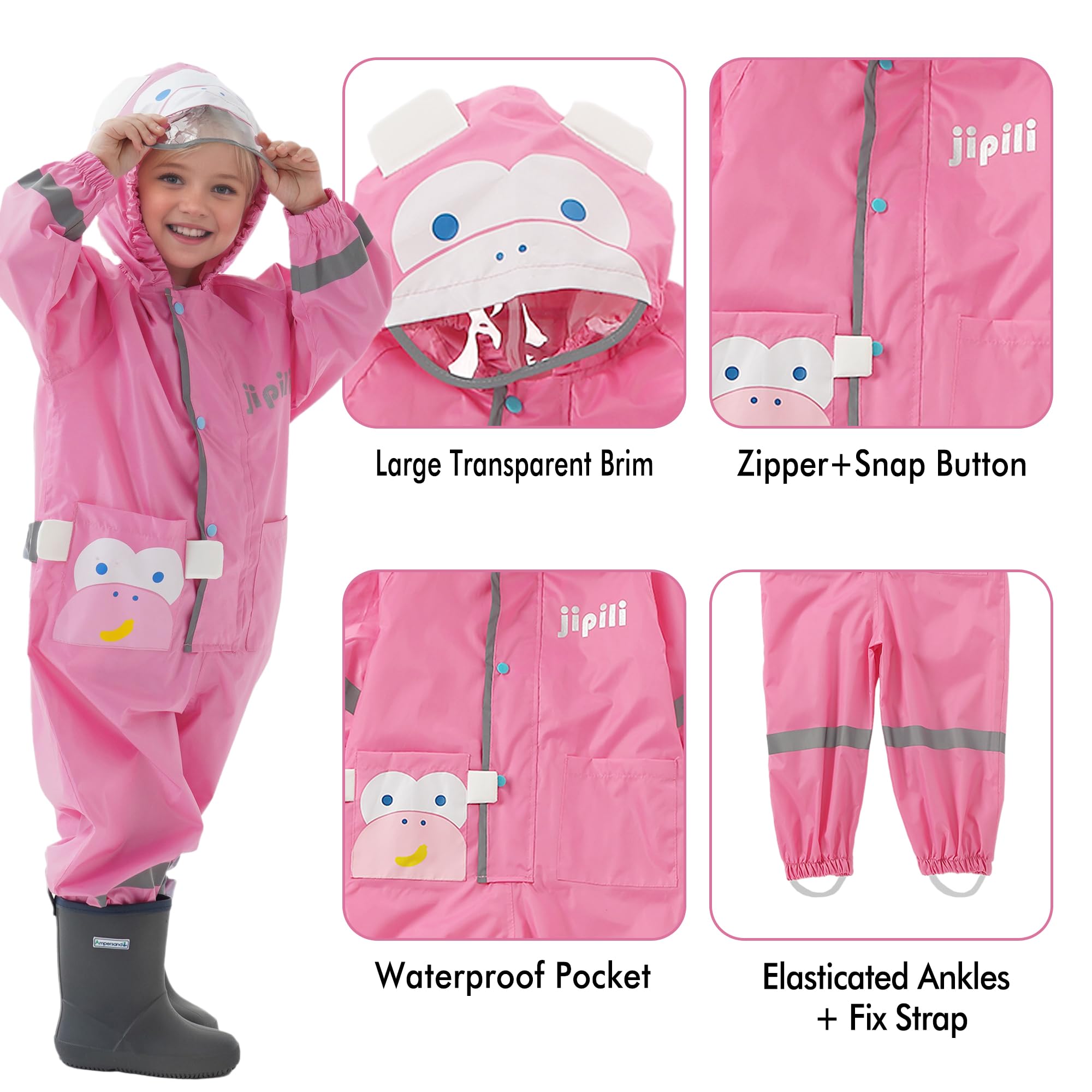 Impermeable Niño Niña Traje de Lluvia con Capucha Infantil Chubasquero Transpirable Ligero Portátil Chaqueta Impermeable y Pantalones Exterior Abrigo con Reflectante y Bolsillo para 1-9 años