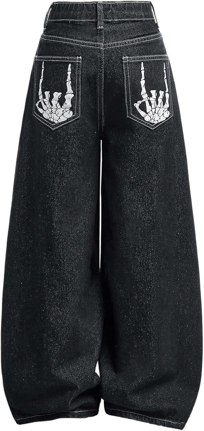 Verdusa Girl's Goth Wide Leg Baggy Jeans Streetwear Loose Denim Pants with Pockets