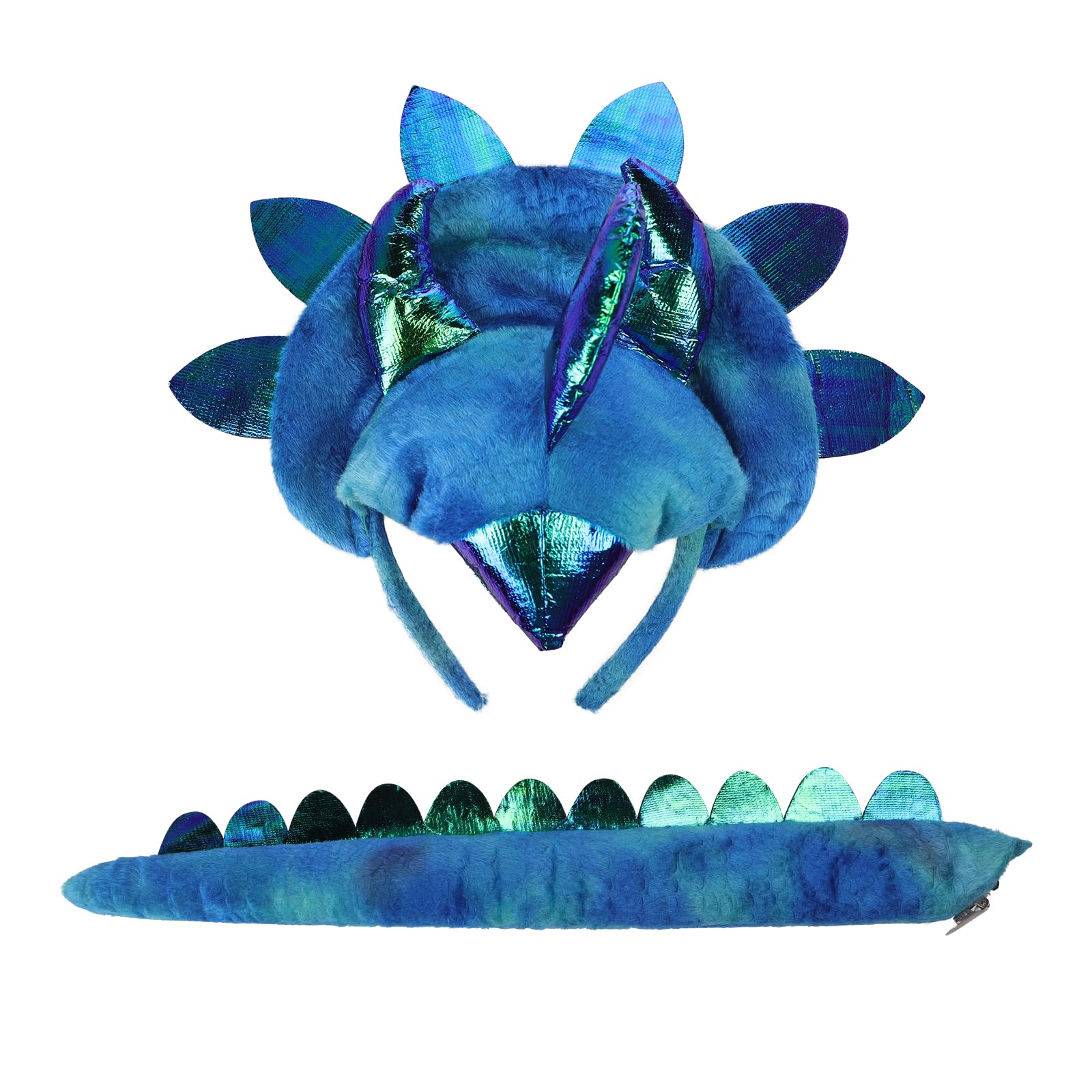 Plush Triceratops Headband and Tail Set for Adult Kids Holloween Cosplay 3 Horn Dinosaur Hat Tail for Dragon Dress up, Role Play, Theme Party, Birthday, Carnival Cosplay, Masquerade Costumes (Blue)