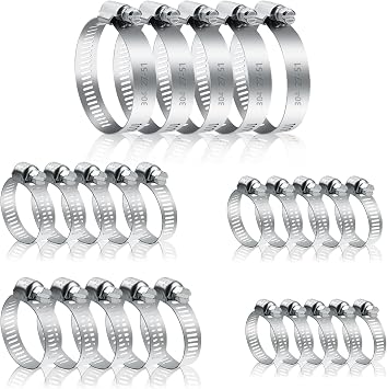 25 Pcs Adjustable Stainless Steel Hose Clamps Assortment, 1/4-2 in 6-51mm Metal Pipe Clampss, Heavy Duty Automotive Worm Gear Hose Clamps for Plumbing Garden Home Washing Machine, etc