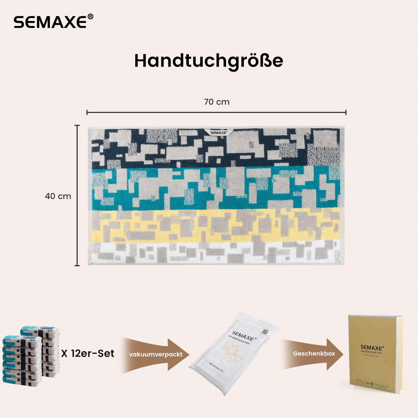 SEMAXE 12er-Handtücher Set im Skandinavischen Karo-Design, aus 100% Baumwolle, Oeko-TEX Zertifiziert, weich & saugstark, mit praktischen Aufhängebändern, in Geschenkbox