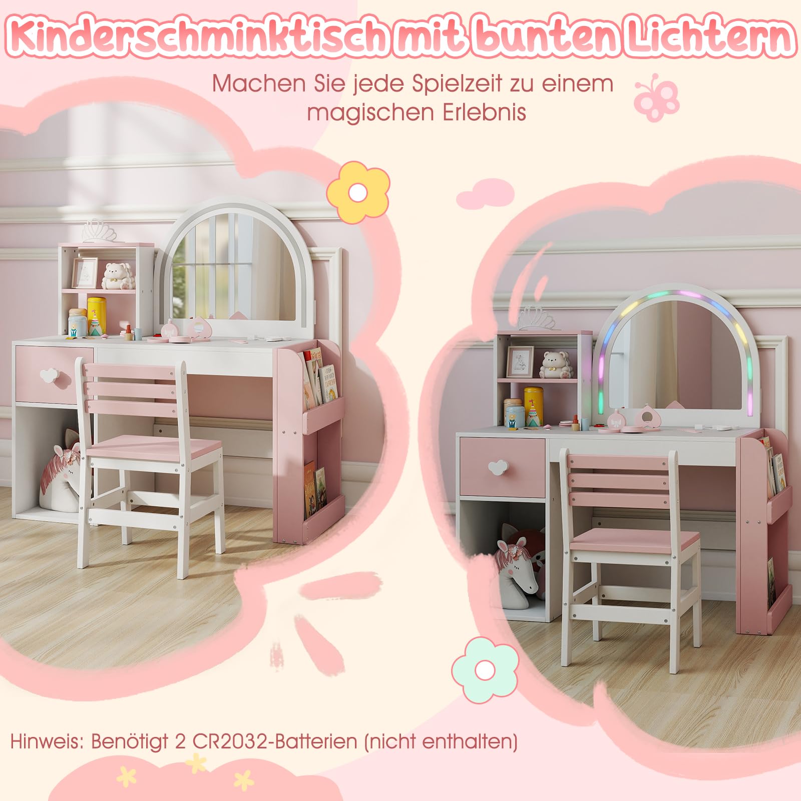 DREAMADE 2 in 1 Schminktisch Kinder Set, Frisiertisch mit Hocker & Buntem LED-Spiegel, Kinderschminktisch mit Bücherregal, Schublade & Schrank, Kosmetiktisch für Mädchen ab 3 Jahren (Weiß+Rosa)