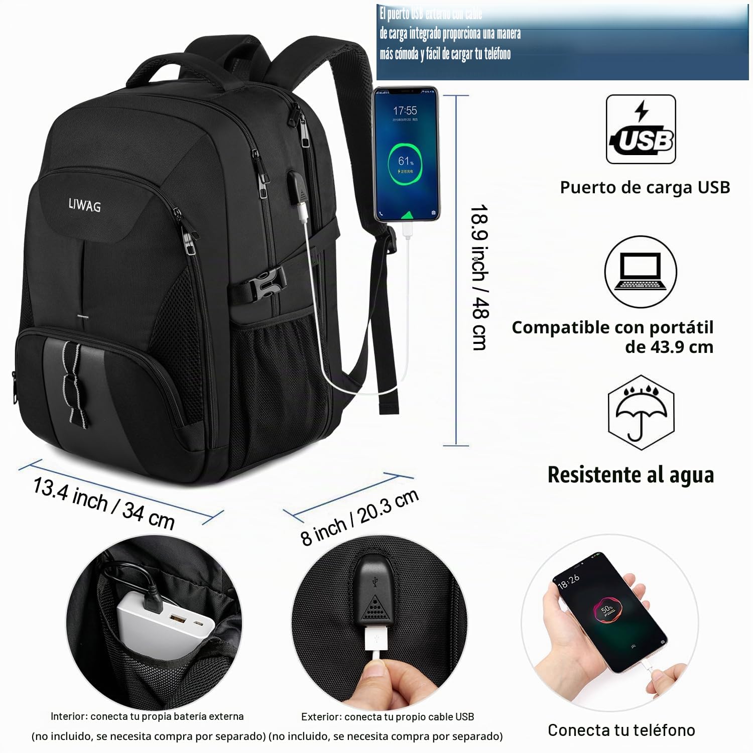 Mochila Hombre Grande 50L Mochila Portatil 17 Pulgadas Impermeable Antirrobo Mochila Ordenador Portatil con Puerto USB Mochila Portatil Bolsa para Negocio Trabajo Diario Viaje Escolares - Negro