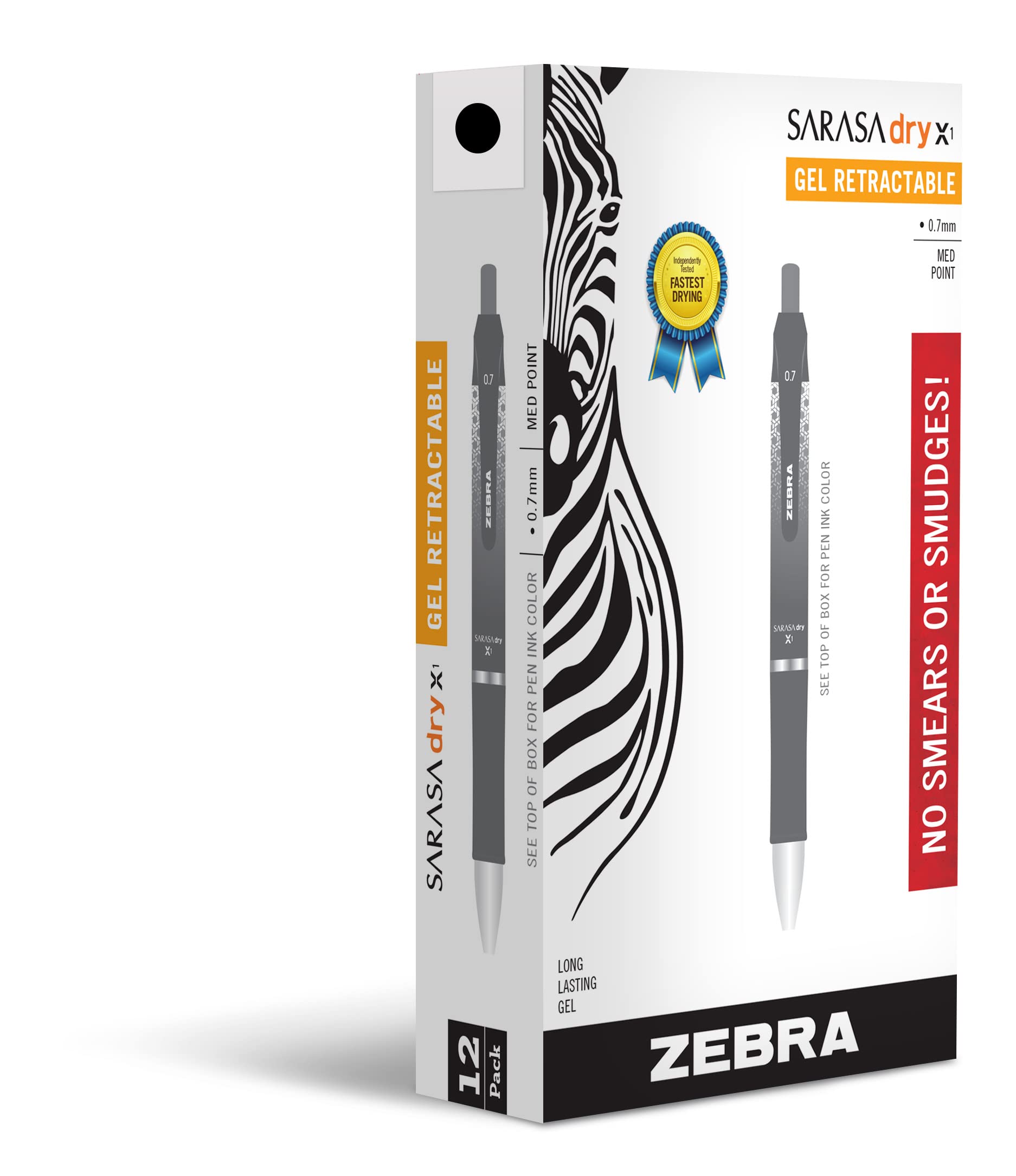 Zebra Pen Sarasa Dry X1 Retractable Gel Pen, Medium Point, 0.7mm, Black Ink, 12-Pack