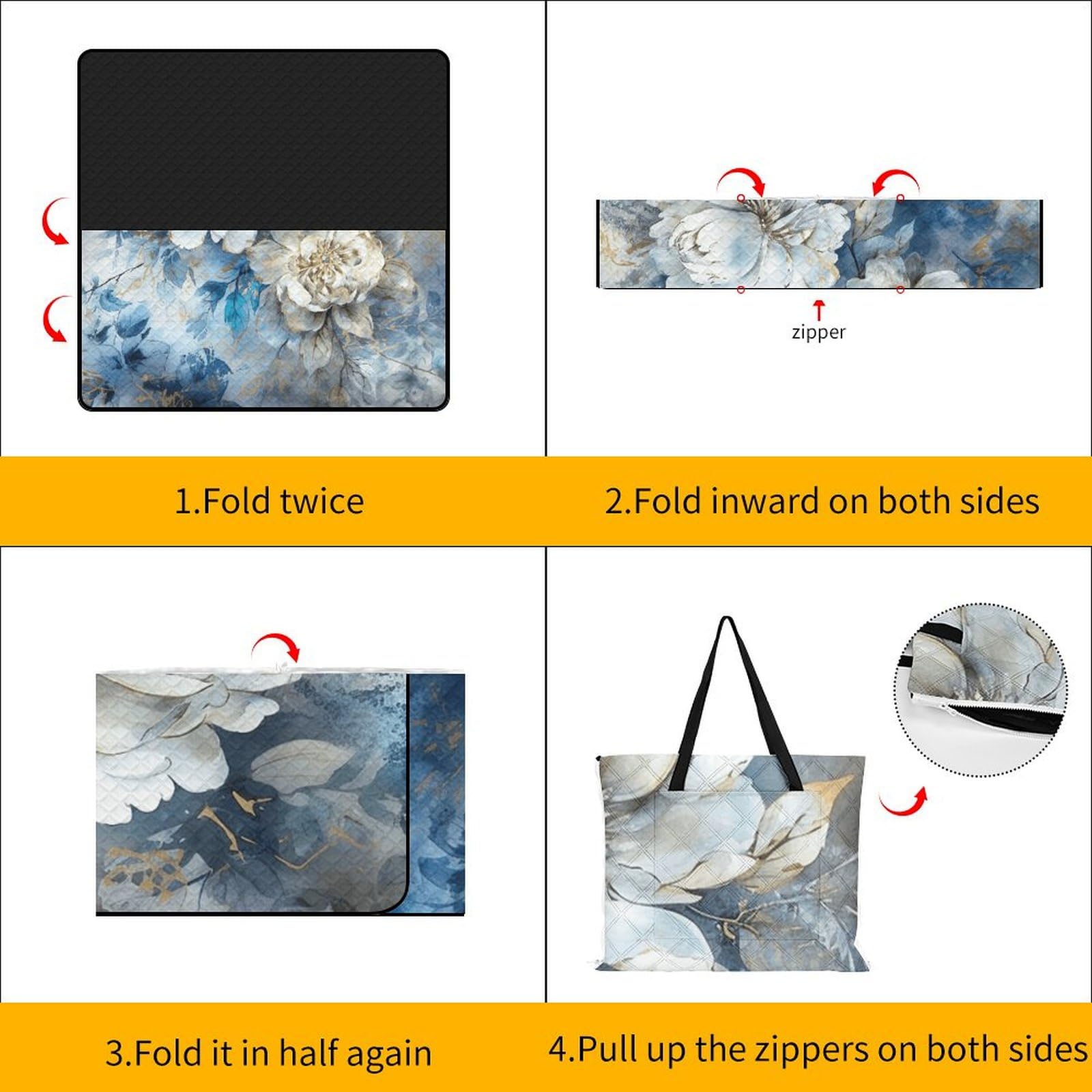Tapis de pique-nique convertible à fermeture éclair - Couverture d'extérieur imperméable et isolante avec sac fourre-tout - Pliable pour camping, plage, parc - 200 x 200 cm - Bleu et blanc