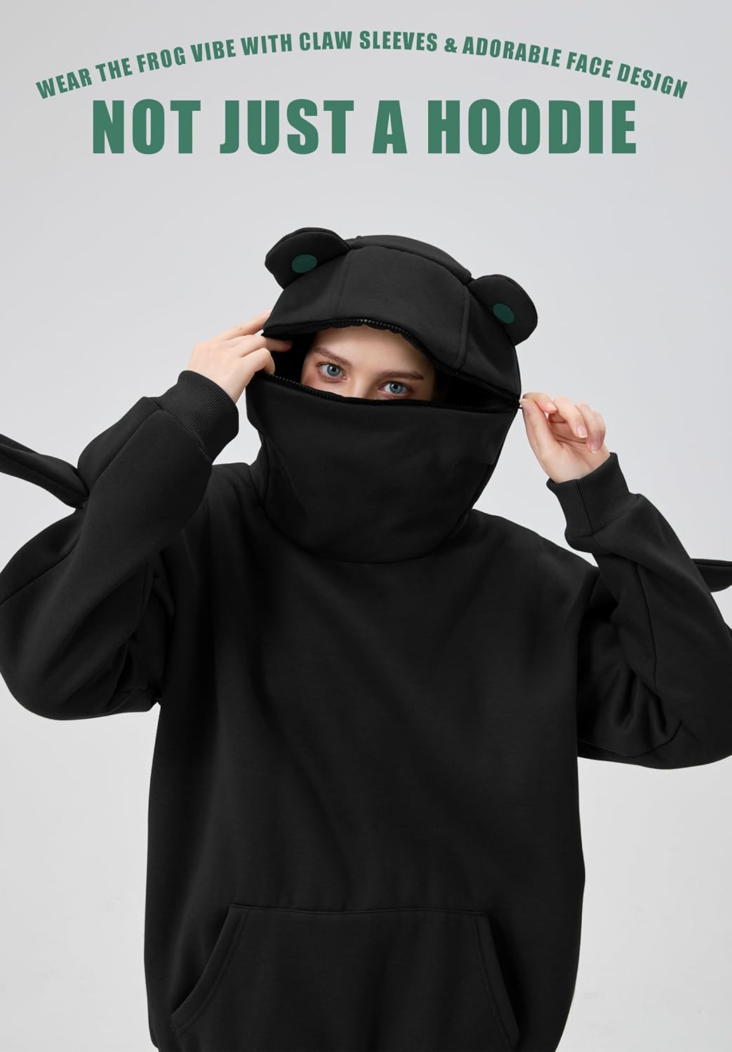 Frog Hoodie with Zip Mouth Cute Unisex Sweatshirt Animal Costume Solid Pullover Oversize Teen