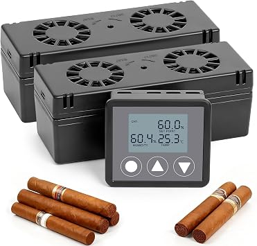 Electric Cigar Humidifier for Cigar Humidor Box - Dual-Fan Sensor-Controlled + LCD Humidity & Temperature Display, Multi-Device Connection Supported, for 40-180 Cigars 1V2