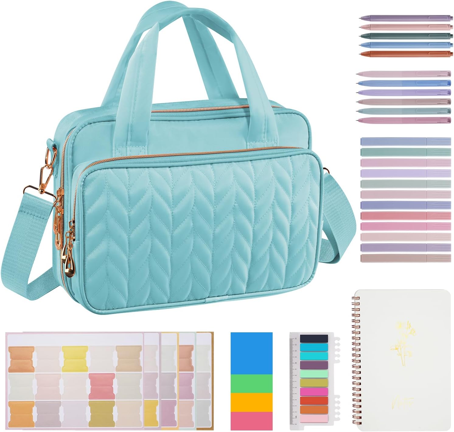 KOPKOFT Bible Cover Case for Women, All-in-One Bible Study Supplies Journaling Kit with Highlighters Tabs, Quilted Book Carrying Cases, Christmas Christian Gifts for Women(Blue Green)