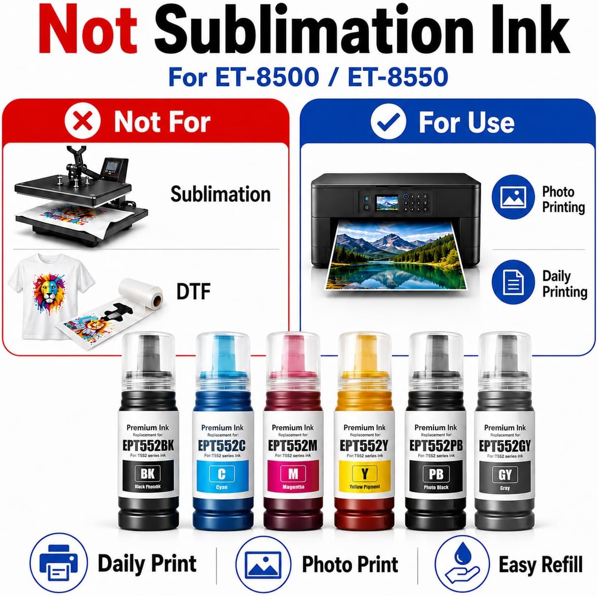 552 Ink Refill Bottles 6 Pack Compatible with Photo ET-8550 ET-8500 Printer, Auto-Stop 552 Ink Replacement, BK PB C M Y GY, Not Sublimation Ink