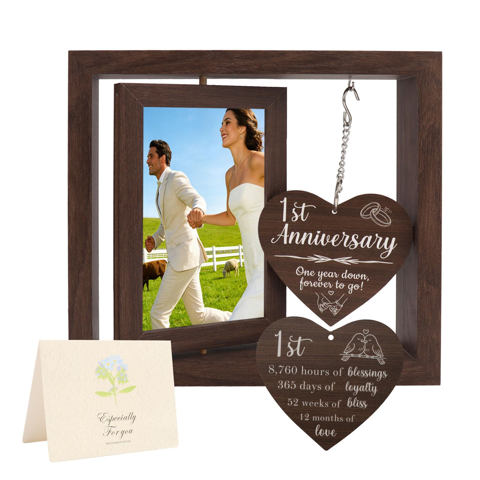 WALLFID Wedding Rotating Photo Frame with Greeting Card,Displays Two 4x6 inch Photos,Wooden Picture Frame for Bride and Groom,Meaningful Wedding & Anniversary Keepsake (1st Anniversary)