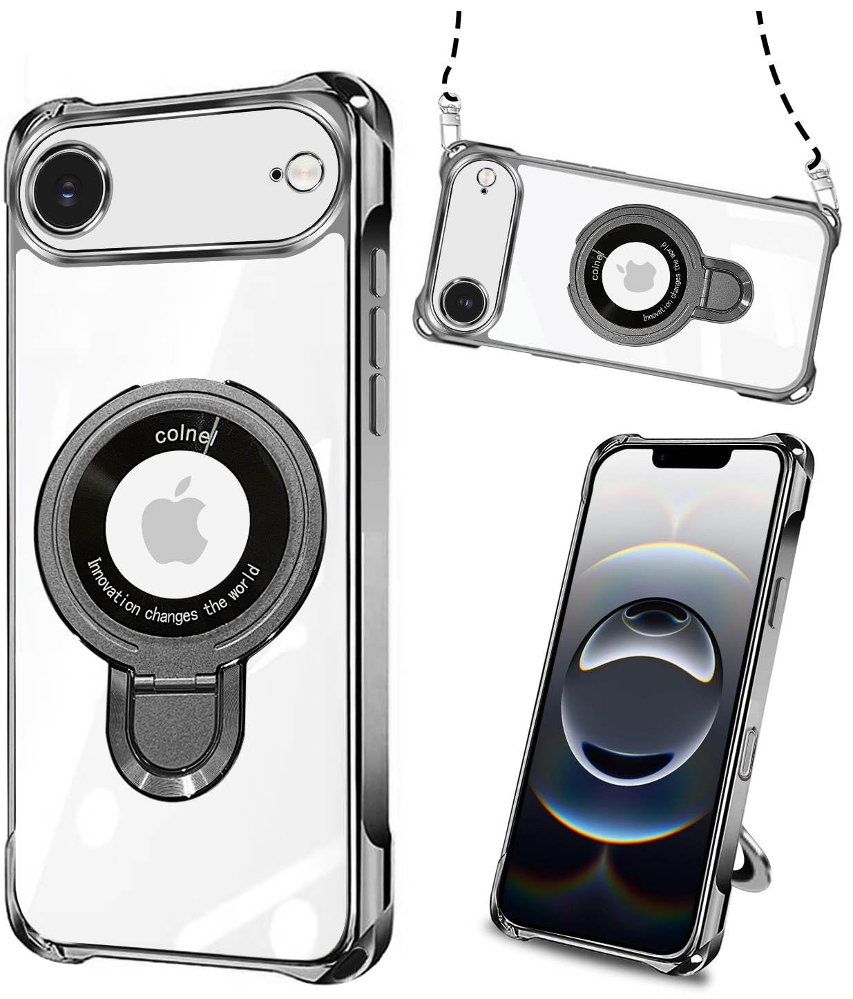 weiaoluo iPhone AIR ケース リング付き アイフォン Air 携帯ケース MagSafe対応 クリア いphone air カバー 車載ホルダー ワイアレス充電 耐衝撃 磁力強 全面保護 指紋防止 マグネット搭載 多機能 スタンド 薄型 軽 米軍MIL規格 TPU スマホケース 黄変防止 めっき加工技術 （ブラック）