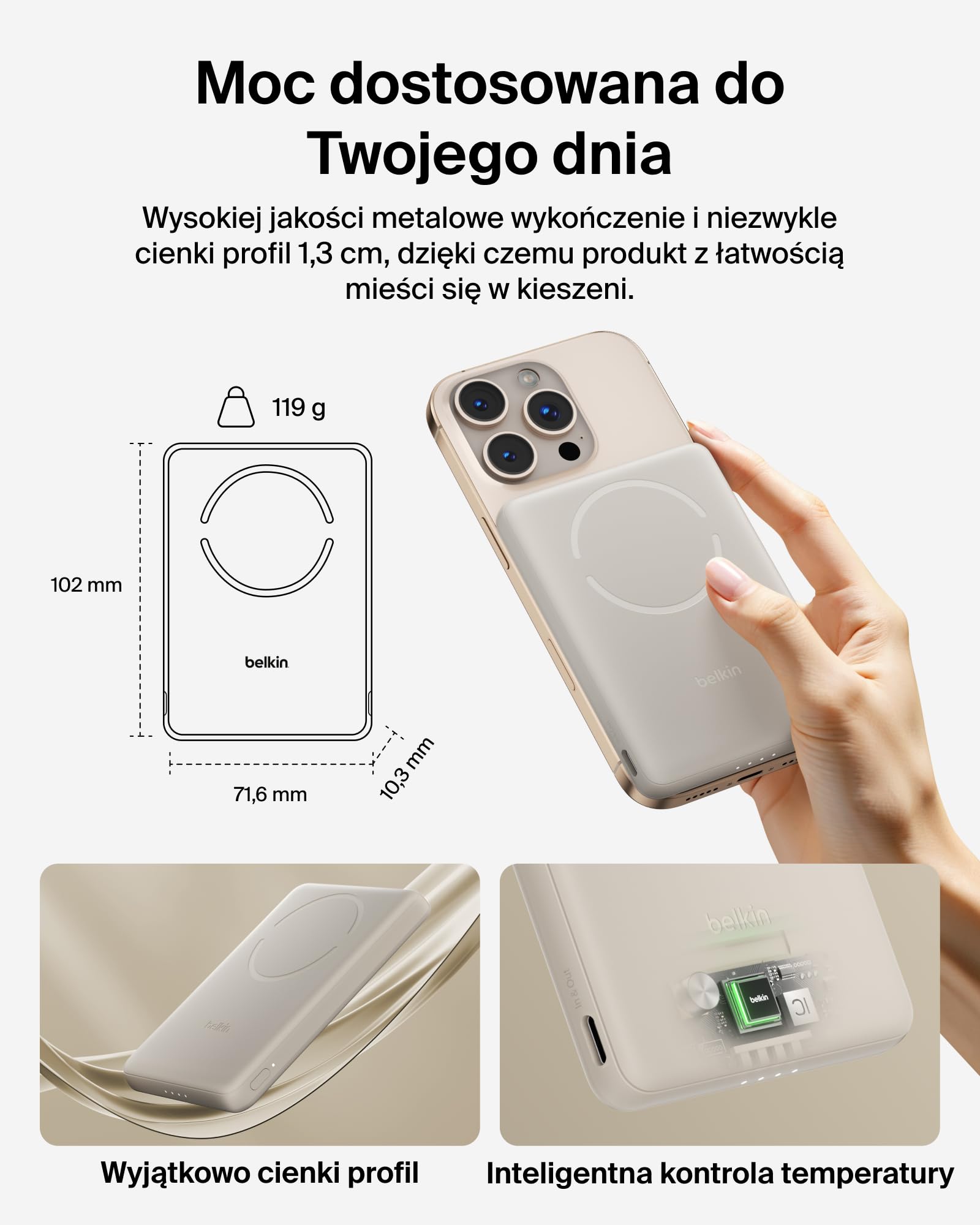 Belkin BoostCharge Magnetyczny Powerbank 5000 mAh z Pierścieniem – Piaskowy | Powerbank Bezprzewodowy 5000 mAh, Pierścień Magnetyczny do Akcesoriów, Port USB-C, Wstępnie Naładowany, Kabel w Zestawie
