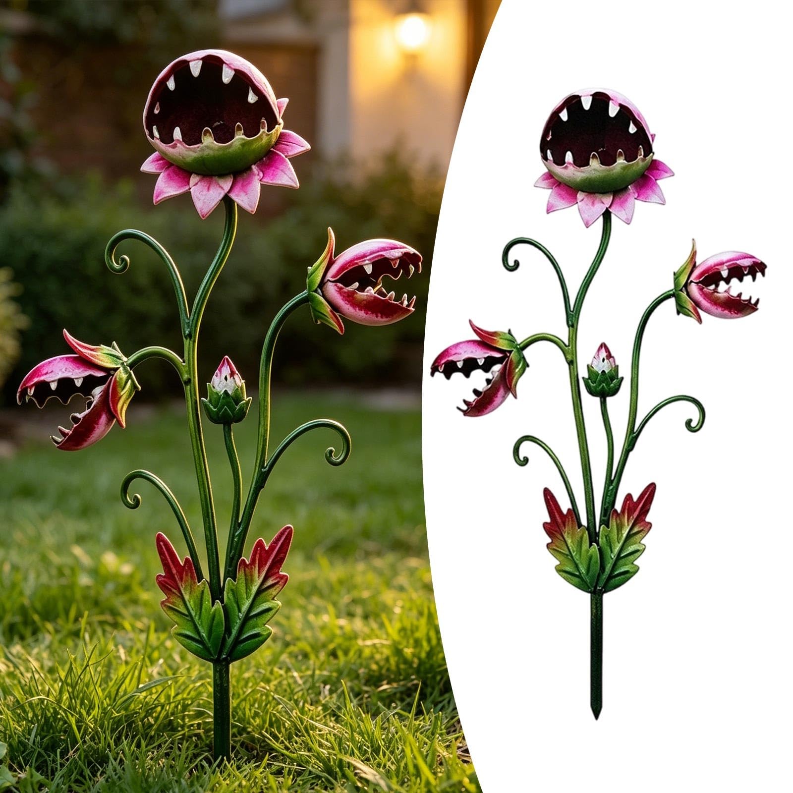 2D Metal Carnivorous Plant Garden Stake,Flytrap Monster Sculpture,Whimsical Yard Art Decor for Outdoor Lawn, Patio, Flower Beds,Unique Quirky Garden Ornament Halloween Decor (B, 30cm)