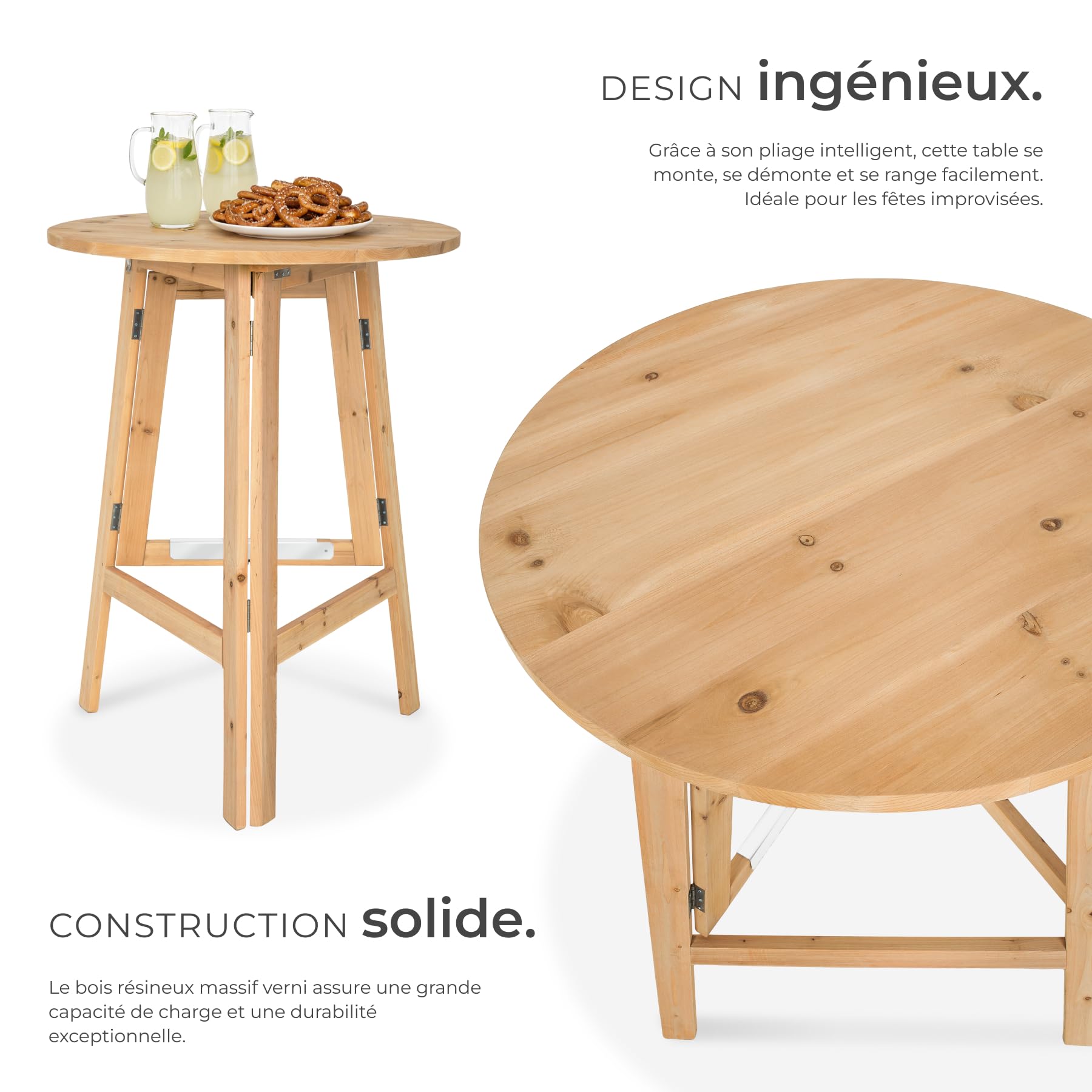 tectake® Mange Debout en Bois Table Haute Pliable Polyvalente Robuste et Stable Petite Table de Jardin Mariage Anniversaire Bapteme Barbecue Bar Exterieur Ø79 cm Hauteur 110 cm
