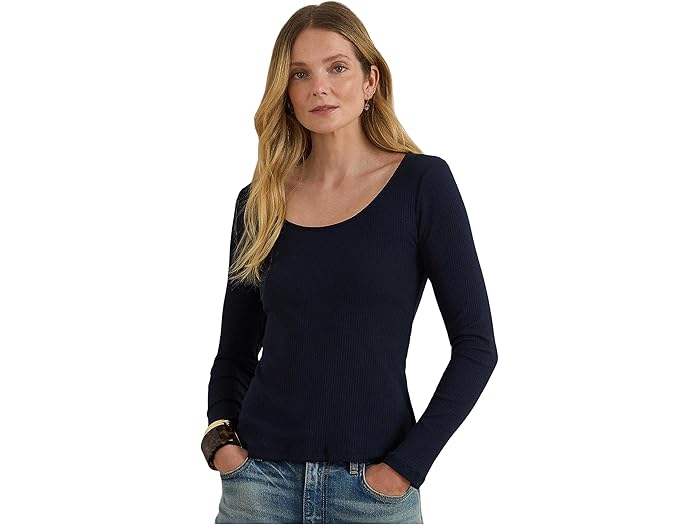 Rib-Knit Long-Sleeve Scoop Neck Tee - Image 1