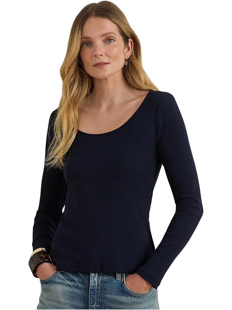 Black Lauren Ralph Lauren Rib-Knit Long-Sleeve Scoop Neck Tee