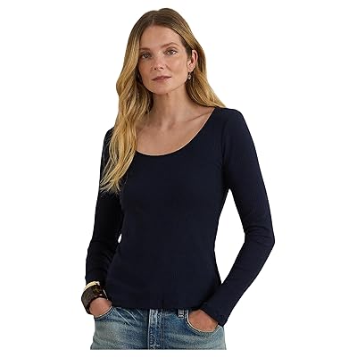 Lauren Ralph Lauren Rib Knit Long Sleeve Scoop Neck T Shirts Women