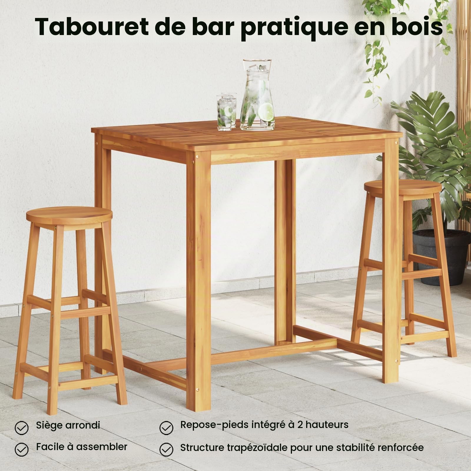 vidaXL Lot de 2 Tabourets de Bar, Chaise de Pub, Siège de Terrasse, Meuble de Bistrot Jardin Patio Extérieur, Bois d'Acacia Massif