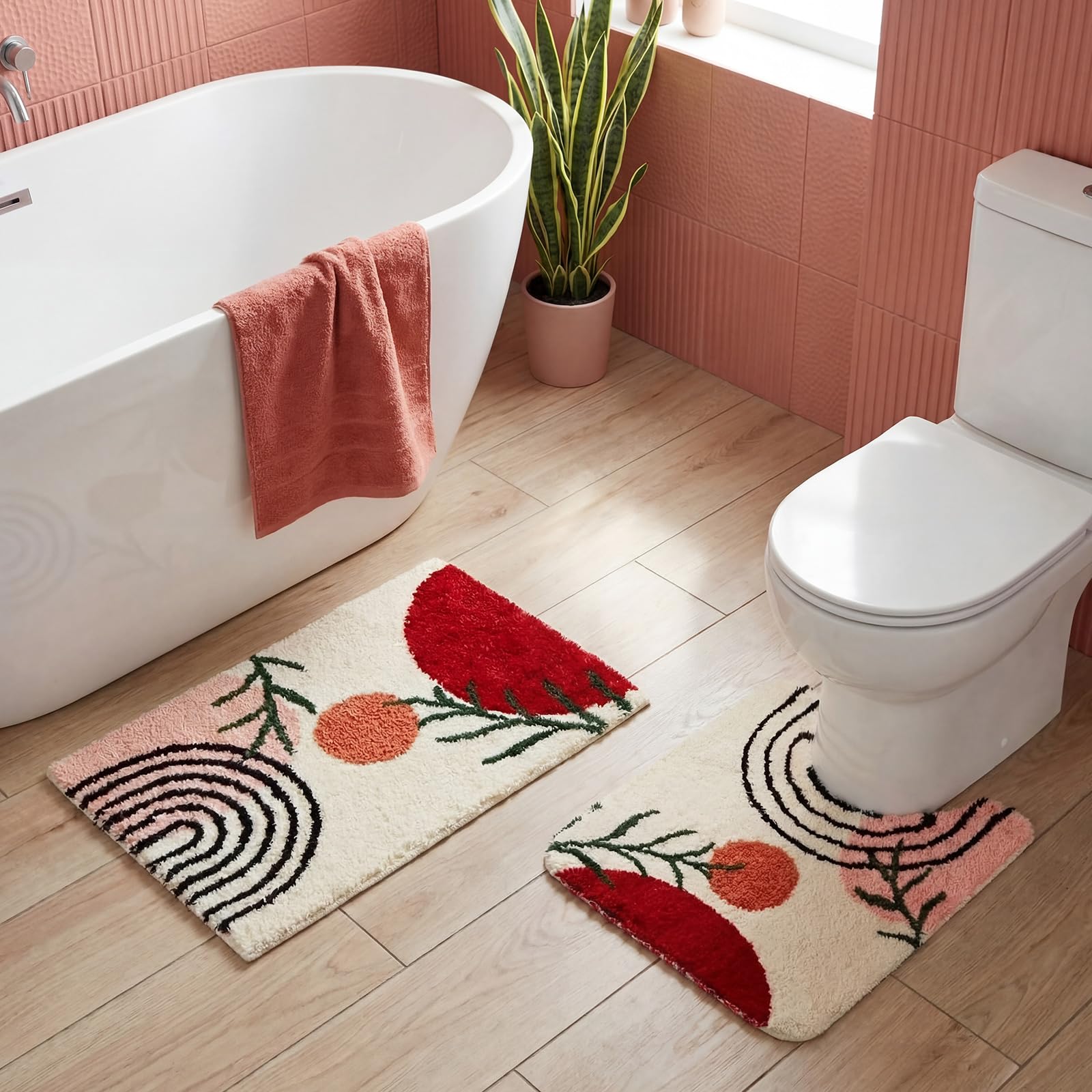 Drydiet Toilet Rug U Shaped Washable Soft and Absorbent Bathroom Rugs Non Slip Bath Mat Machine Wash Bathroom Contour Rug for Toilet Base, 24 x 20 Inch(Two Styles of Boho Color)