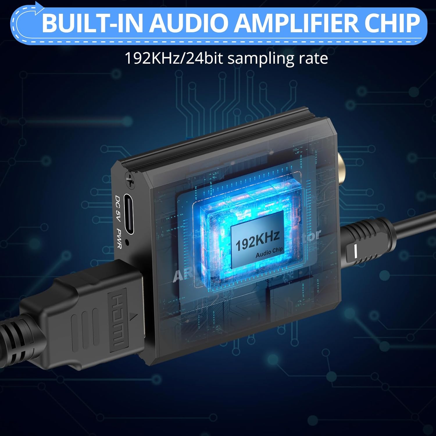 Close-up of the CAMWAY unit showing a transparent view of the 'Built-in Audio Amplifier Chip' with 192KHz/24bit sampling rate.