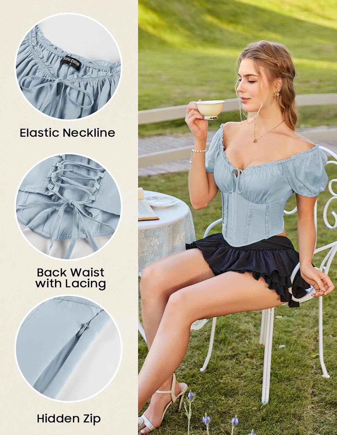 SCARLET DARKNESS Renaissance Shirt Women Short Sleeve Corset Tops Peasant Blouses - Image 6