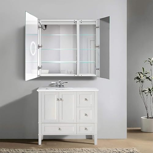 Miniatura 4 de Krugg Botiquín LED de 36 x 36 pulgadas  Armario de espejo empotrado o de montaje en superficie con atenuador y desempañador + 3 espejos de