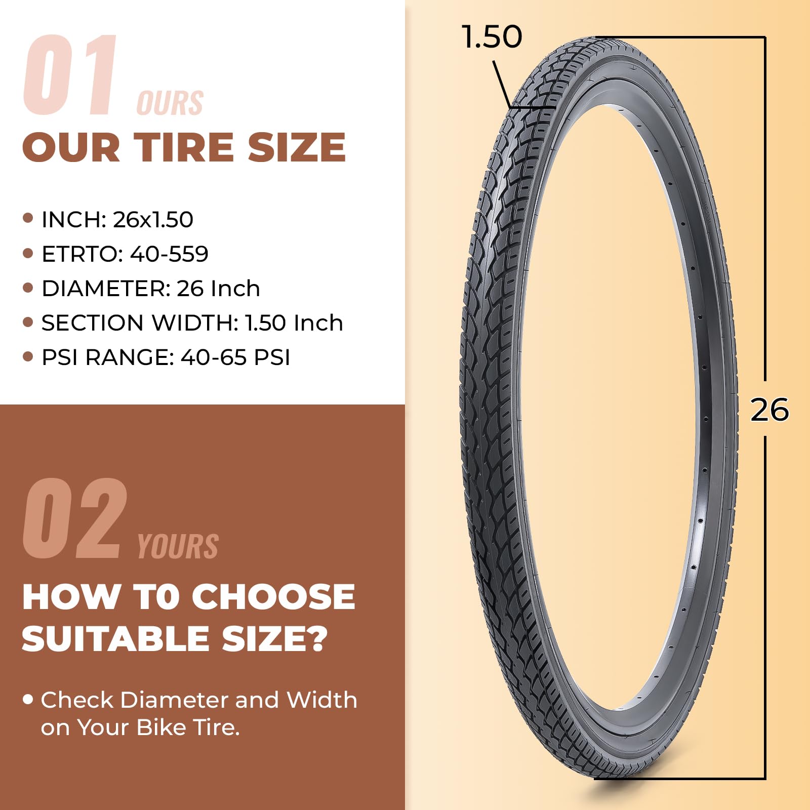 2 pezzi, 26x1.50 pneumatici per bici, durevole pieghevole 26 pollici 40-559 26 x 1.50 pneumatici per biciclette da strada, Pneumatici di ricambio per bici da strada Cruiser, Copertoncino