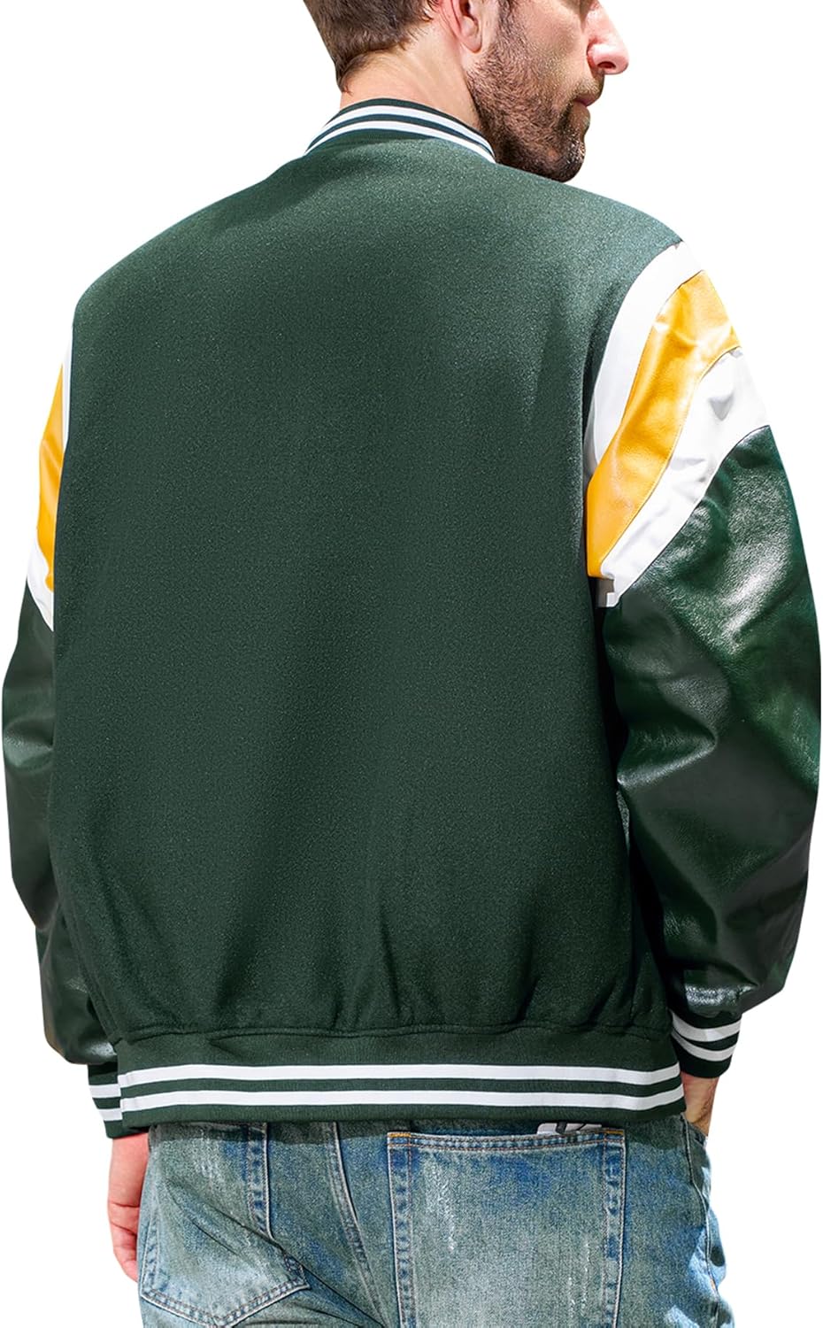 Men's Varsity Baseball Jacket with Leather Sleeves Letter Bomber Coat for Fall&Spring,Streetwear Daily Activities