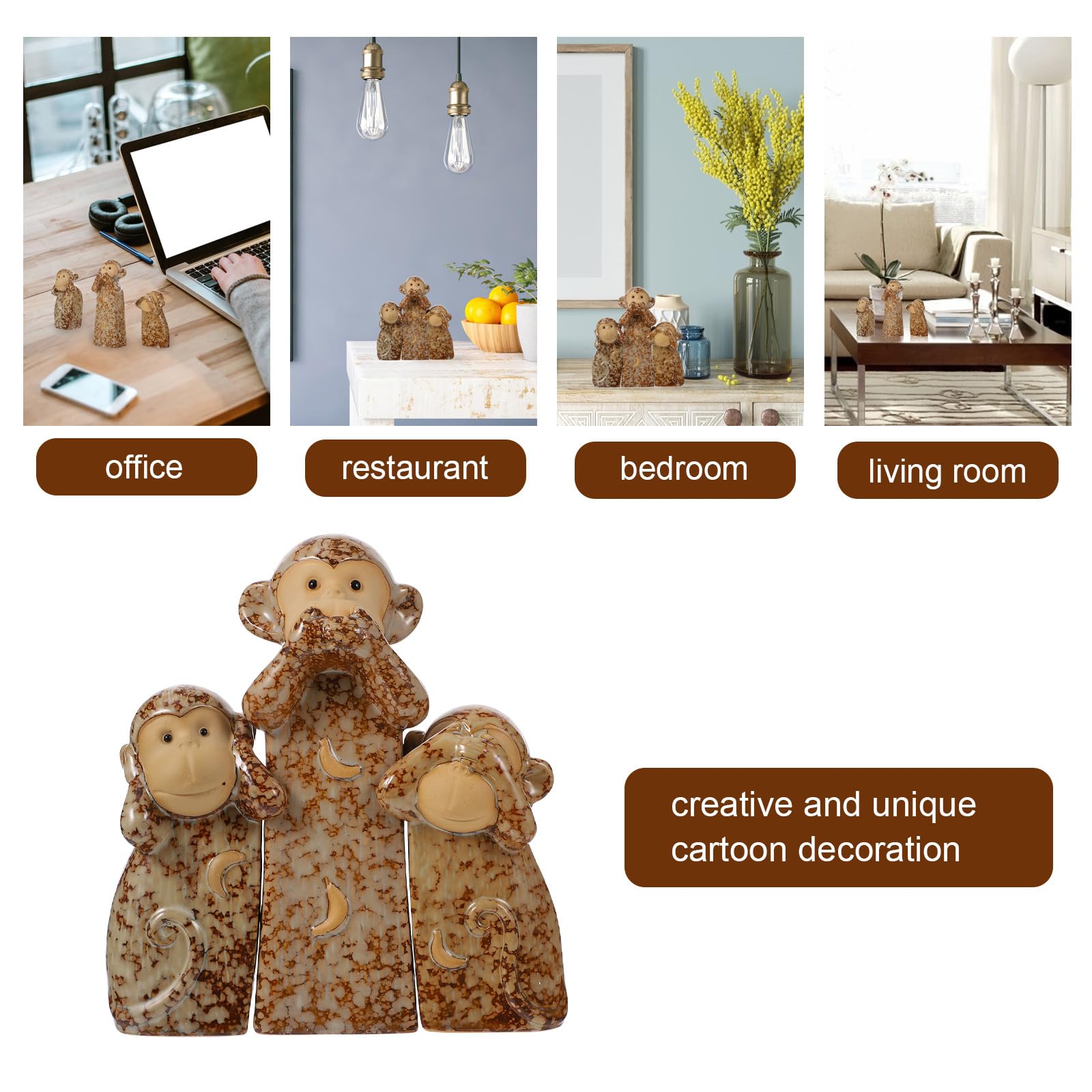PACKOVE Estatua de Mono de Cerámica 3 Piezas Diseño Chic y Encantador para Decoración de Hogar, Oficina y Obsequio en Festivales o Bodas