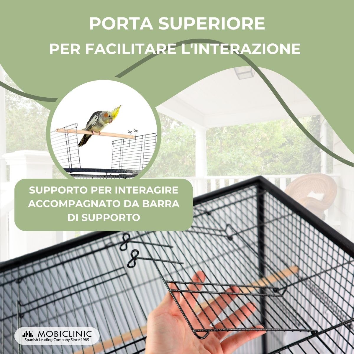 Mobiclinic® Pets, Gabbia per uccelli, NINFA, Ruote per il trasporto, Freni, Apertura superiore, Vassoio rimovibile, 8 porte, Grandi dimensioni, 95x43x61,5 cm, Mangiatoie, Abbeveratoi, Posatoi