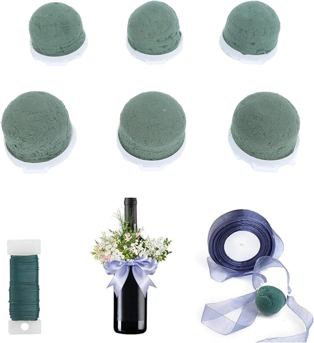 24 Pcs Mini Floral Foam Holder, Green Floral Foam for Table Wedding Wine Bottle Decor, Round Floral Foam with Wire and Ribbon, for Flower Arrangements, Party Decor and DIY Crafts