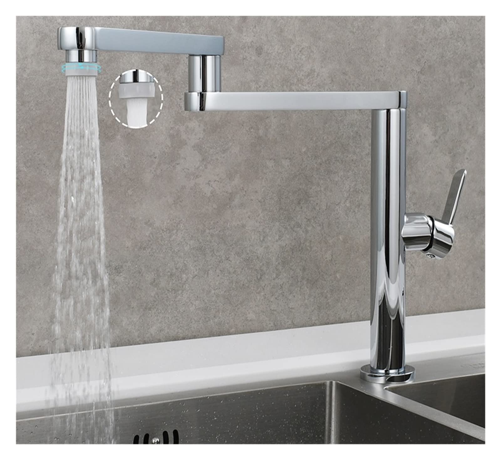 Grifo de Cocina, Grifo de cocina plegable latón, brazos oscilantes doble articulación, agua fría y caliente, grifo fregadero extensión tres secciones, funciones duales(Chrome Double)