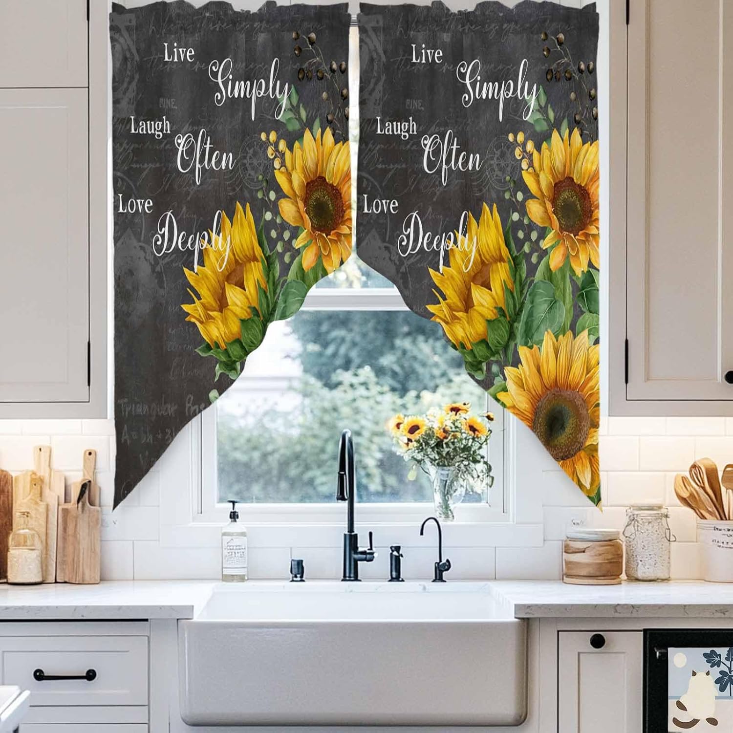 Yellow Sunflowers Swag Curtains Farmhouse Floral Rustic Leaves Dark Grey Swag Valances for Kitchen Windows, Window Treatment Topper Curtains for Living Room Bedroom Bathroom, 36" W x 63" L