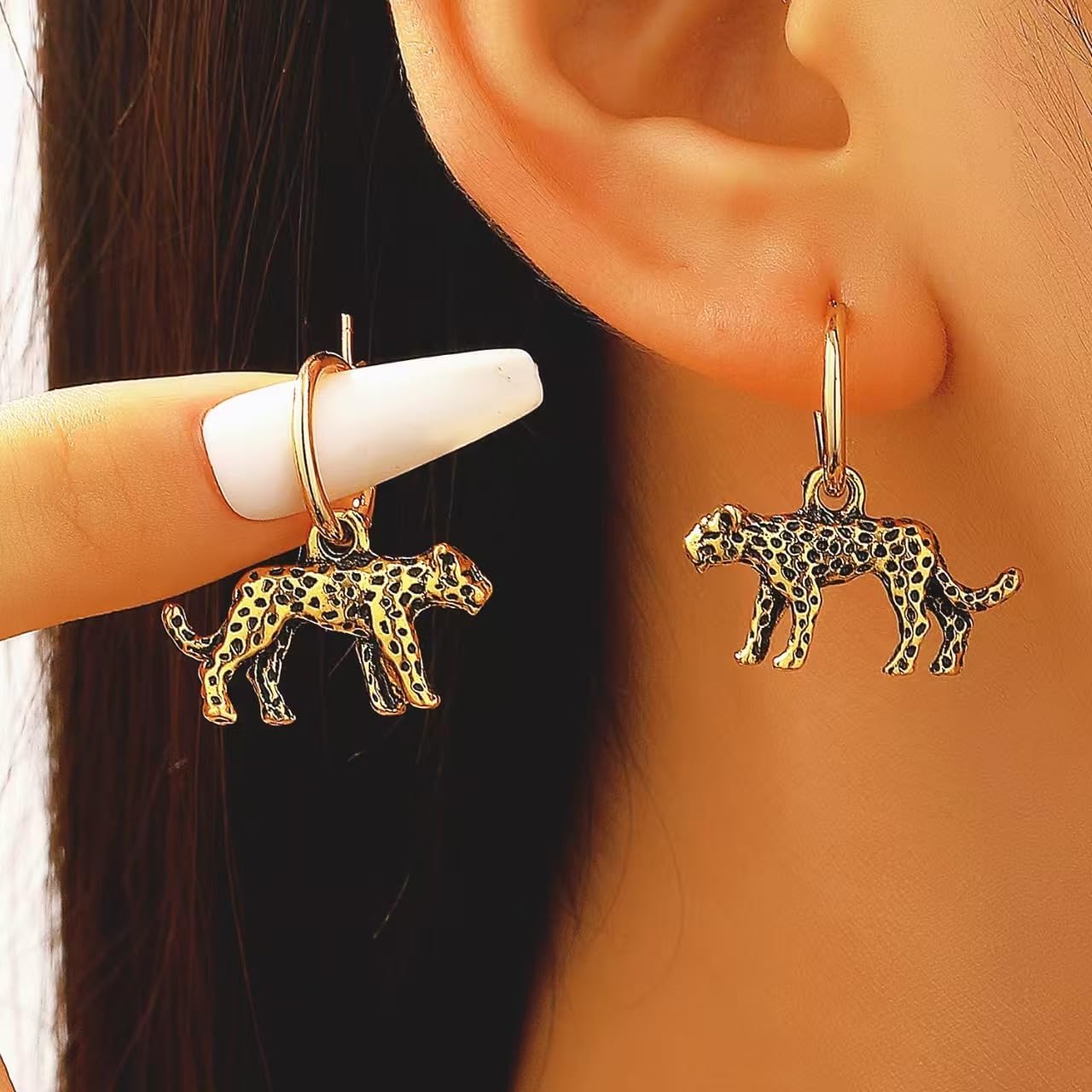Gold Leopard Dangle Earrings for Women, Vintage Animal Hoop Earring Wild Leopard Natural Statement Drop Trendy Safari Style Jewelry Gift - Image 2