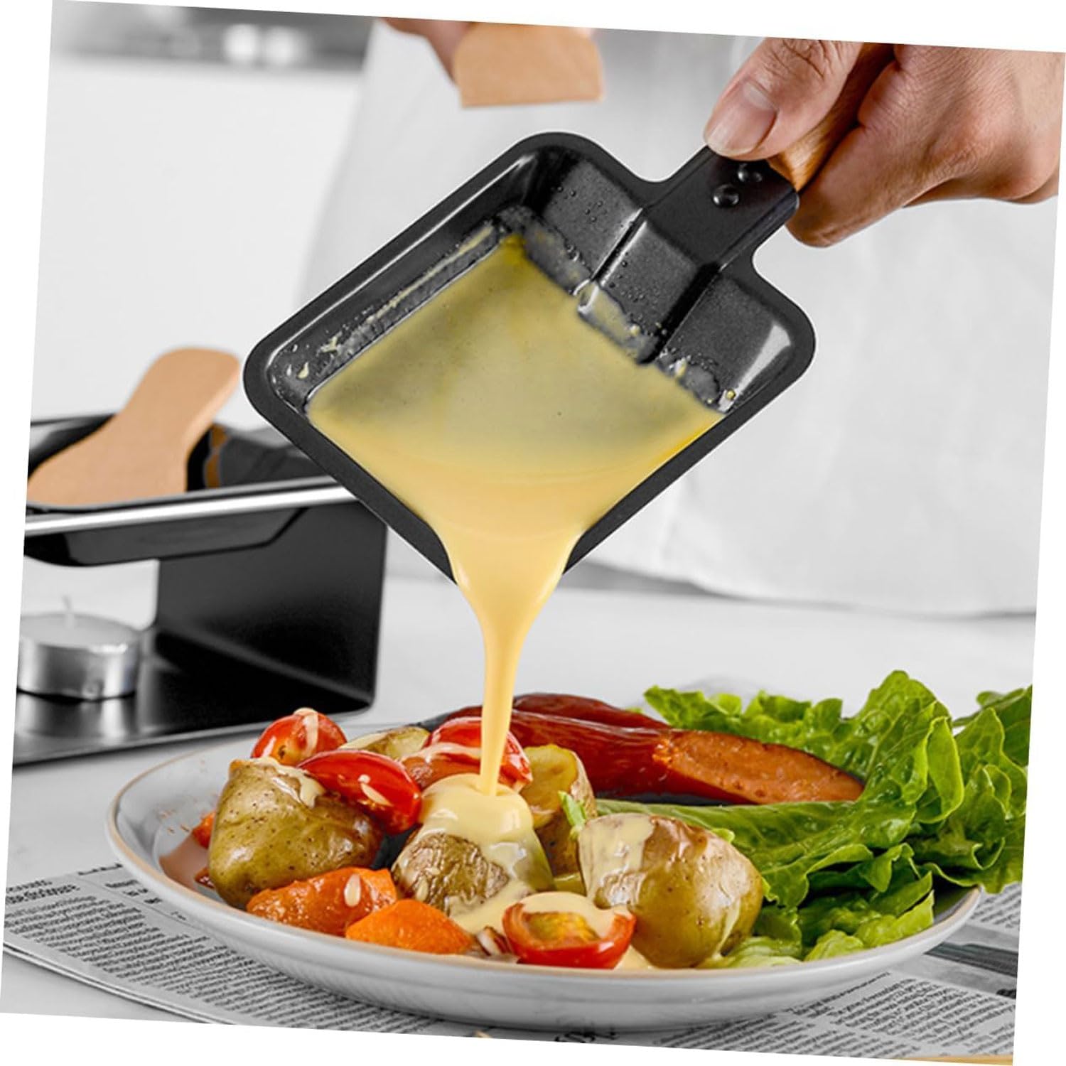 Griglia per formaggio a doppia piastra, raclette in acciaio inox con candele, mini padella antiaderente per formaggio, carne, pesce e verdure
