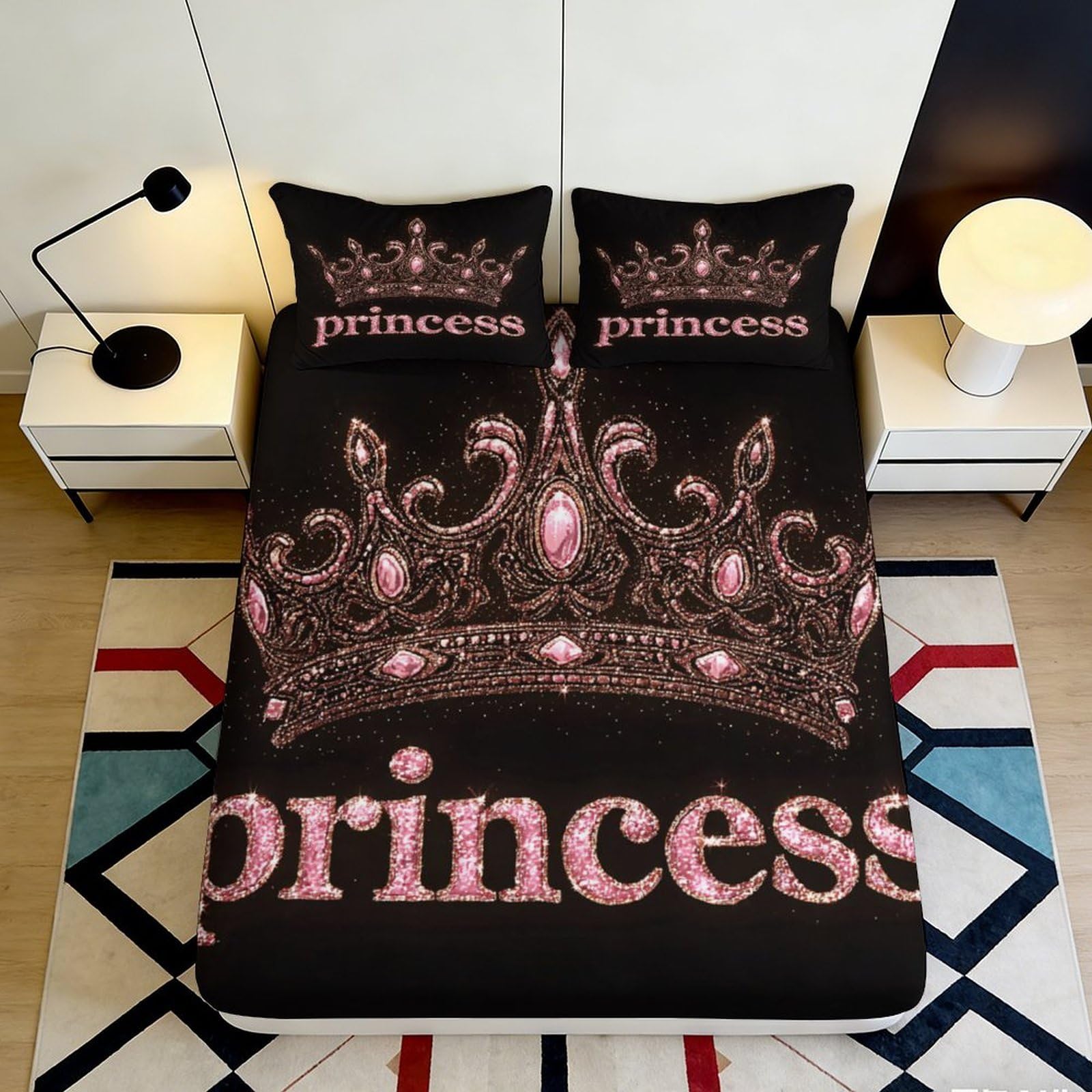 3D Printed Princess Crown Fitted Sheet Microfiber Soft Breathable Black Bed Sheet for Bedroom Dormitory Guest Room Mattress Cover with Non-Slip Protection 90x200x25cm