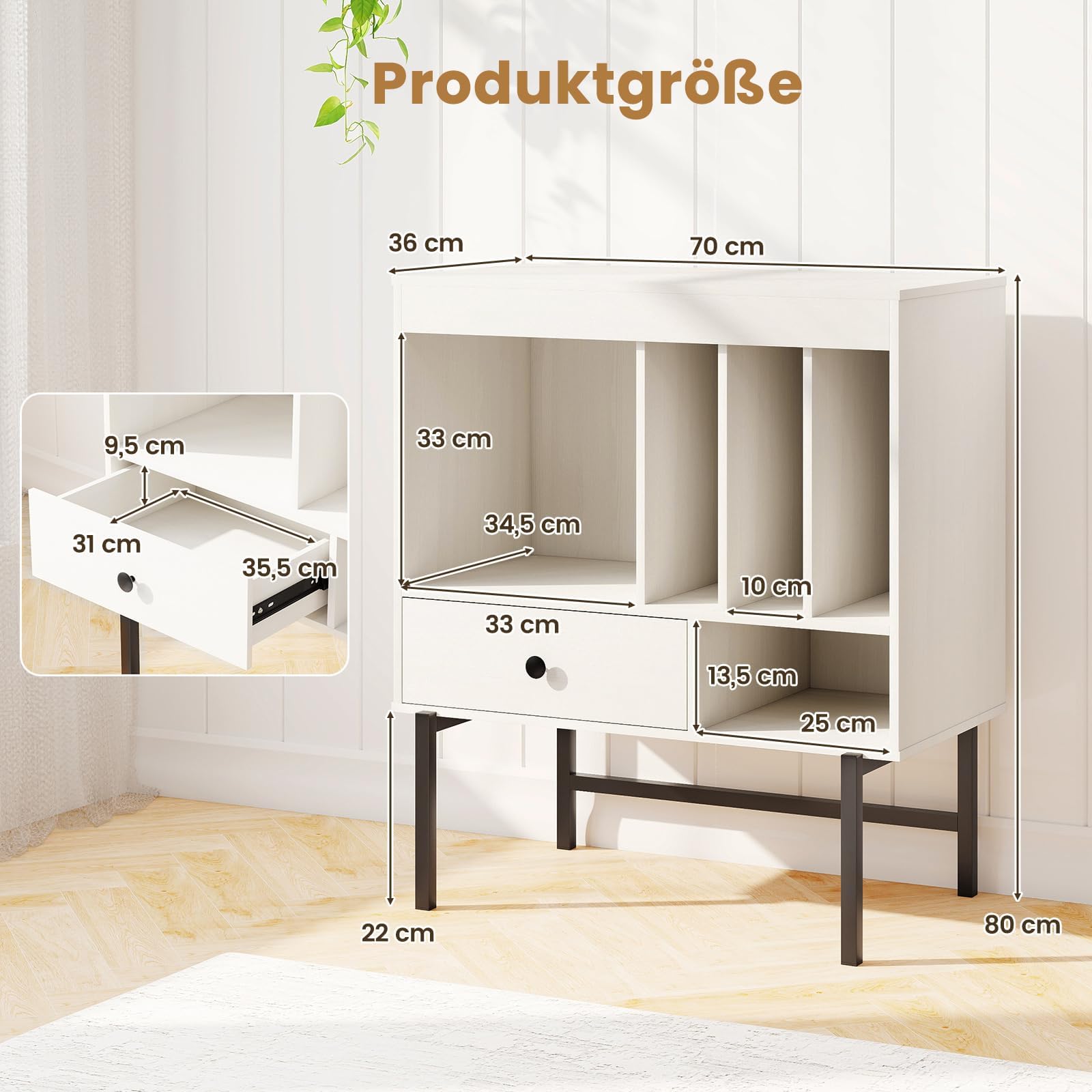 FANTASK Support pour Tourne-Disque en Bois, Armoire de Rangement en Vinyle avec Compartiments Ouverts, tiroir et Porte-Album, Armoire d'appoint Moderne pour Salon et Salle de Musique, 70 x 36 x 80 cm