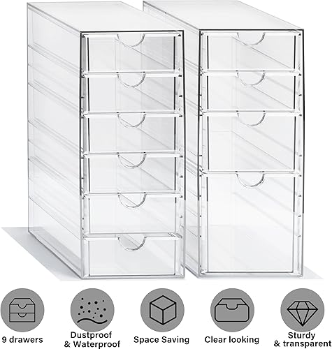 Miniatura 5 de Prsildan Organizador de maquillaje acrílico con 10 cajones, juego de 2 organizadores de escritorio de oficina, cajones de almacenamiento apilables
