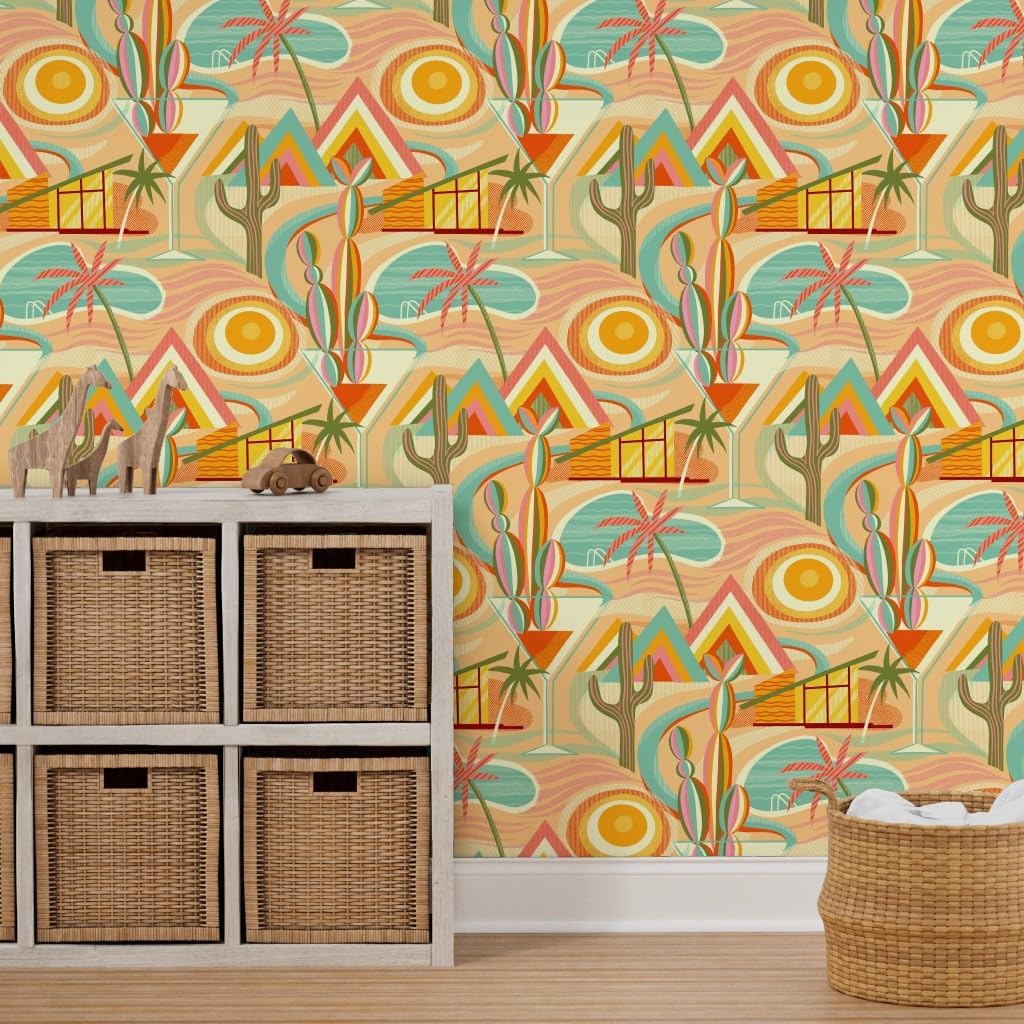 Spoonflower Removable Wallpaper 6ft x 2ft - Palm Sunset Cocktail Desert Mid Century Cali Custom Pre-Pasted Wallpaper