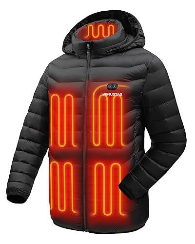 Venustas Unisex Dual-Control Heated Jacket, Water-resistant Heated Coat for Women and Men with Battery Included - Black - Small